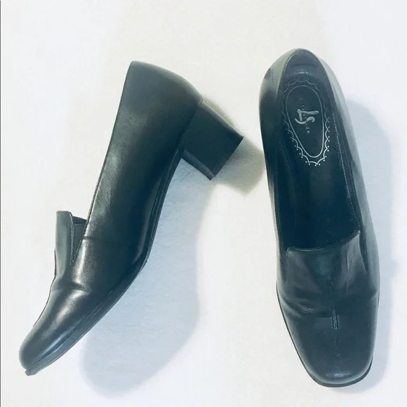 Life Stride Black Leather Block Heel Slip On Jungle Loafers Sz 7W - Picture 3 of 8